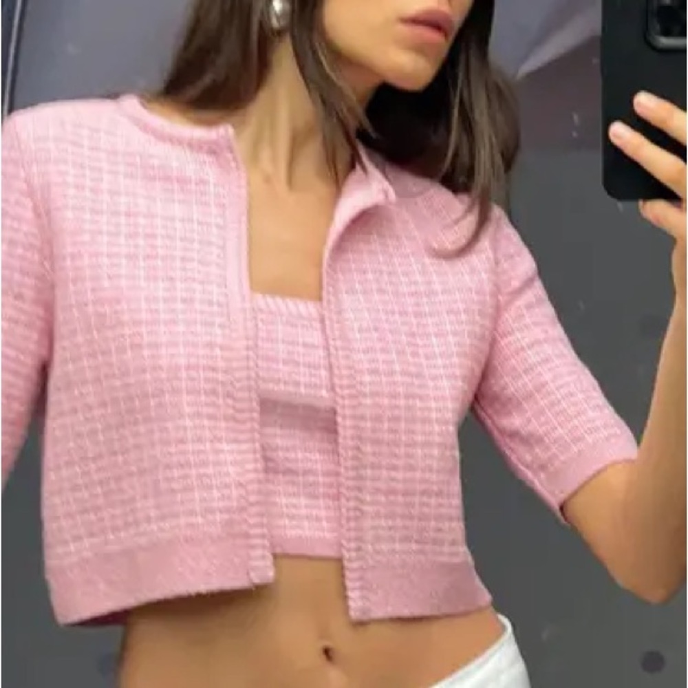 Chic Pink Tweed Cardigan and Top Set